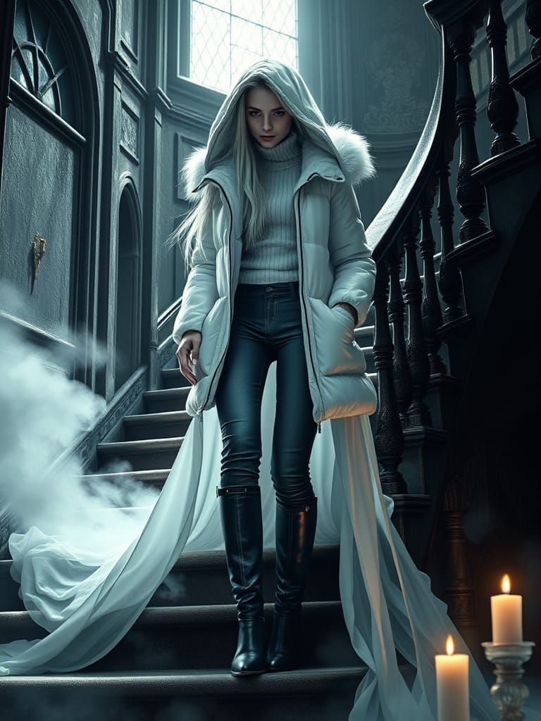 Ethereal Specter Descends Grand Staircase in Victorian Mansi...