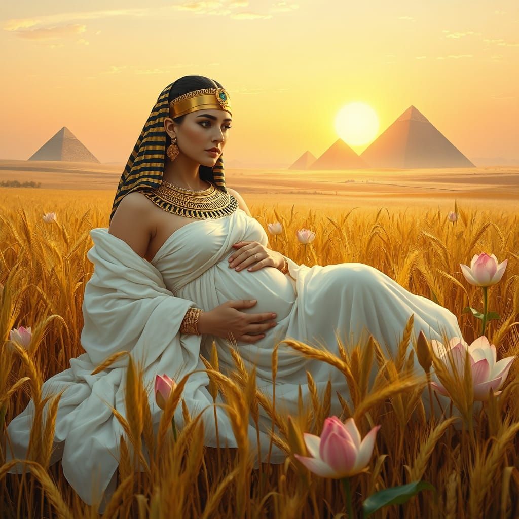 Egyptian Queen in Golden Wheat Field, Pregnant and Serene