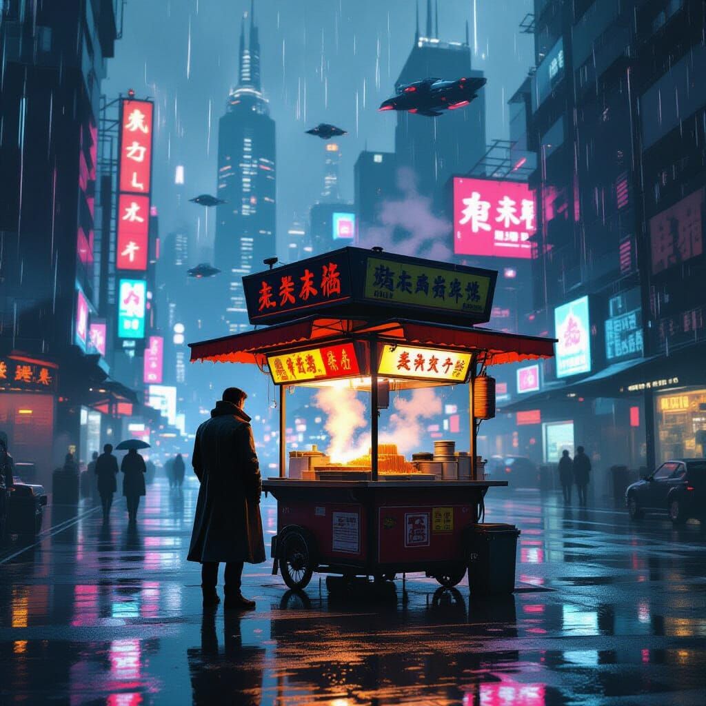 Cyberpunk Noodle Stand in Dystopian Cityscape