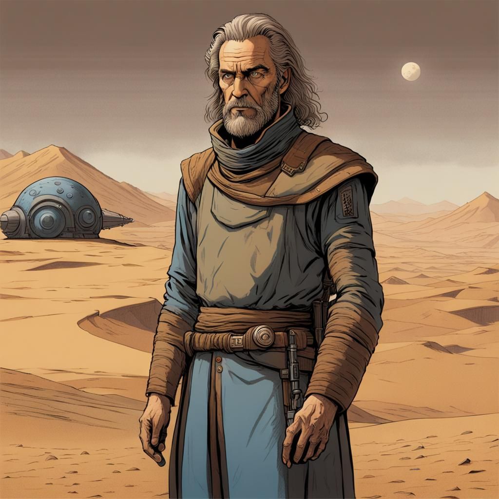 Dr Liet Kynes from the book Dune. He is tall, thin, and has long sandy hair with a sparse beard and fathomless bright bl...