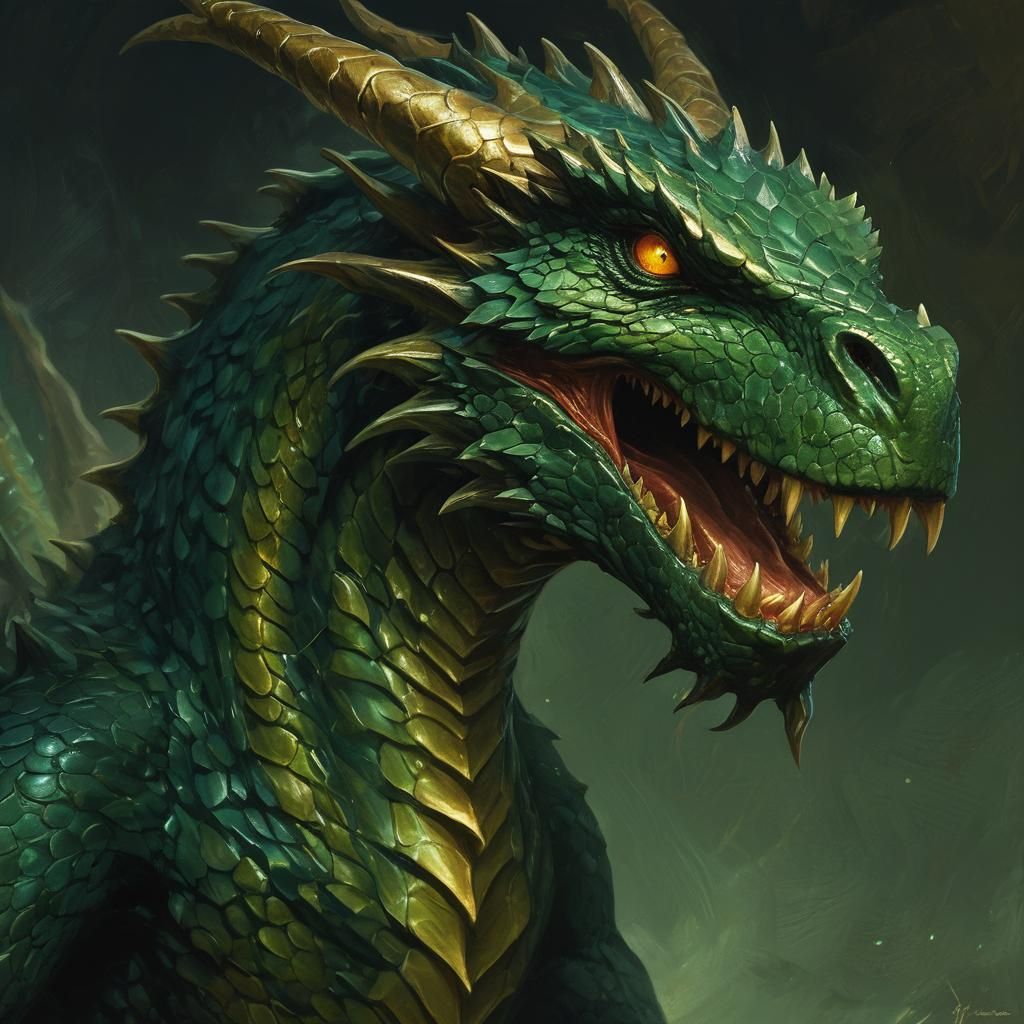 Ferocious Green Dragon Fantasy Artwork in Frazetta Style
