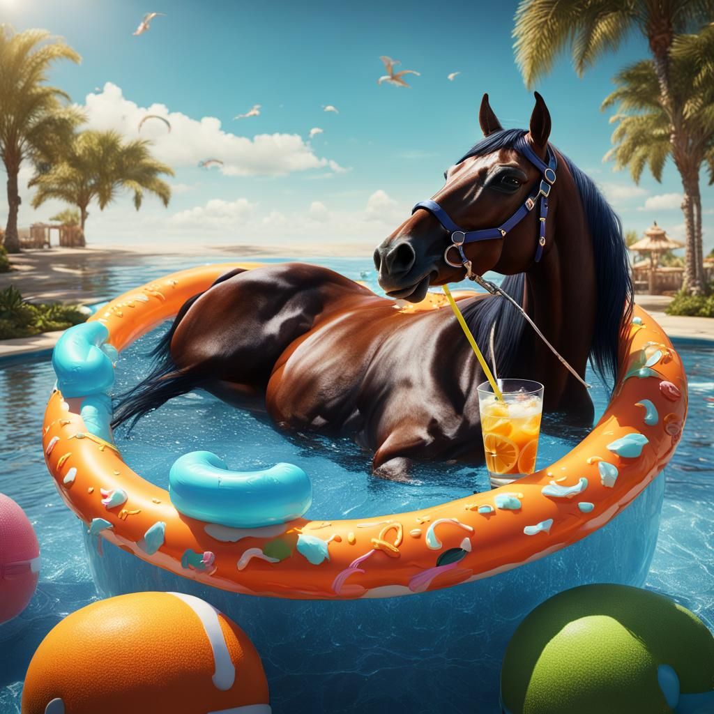 Horse Sipping Cocktail in Pool as Digital Art