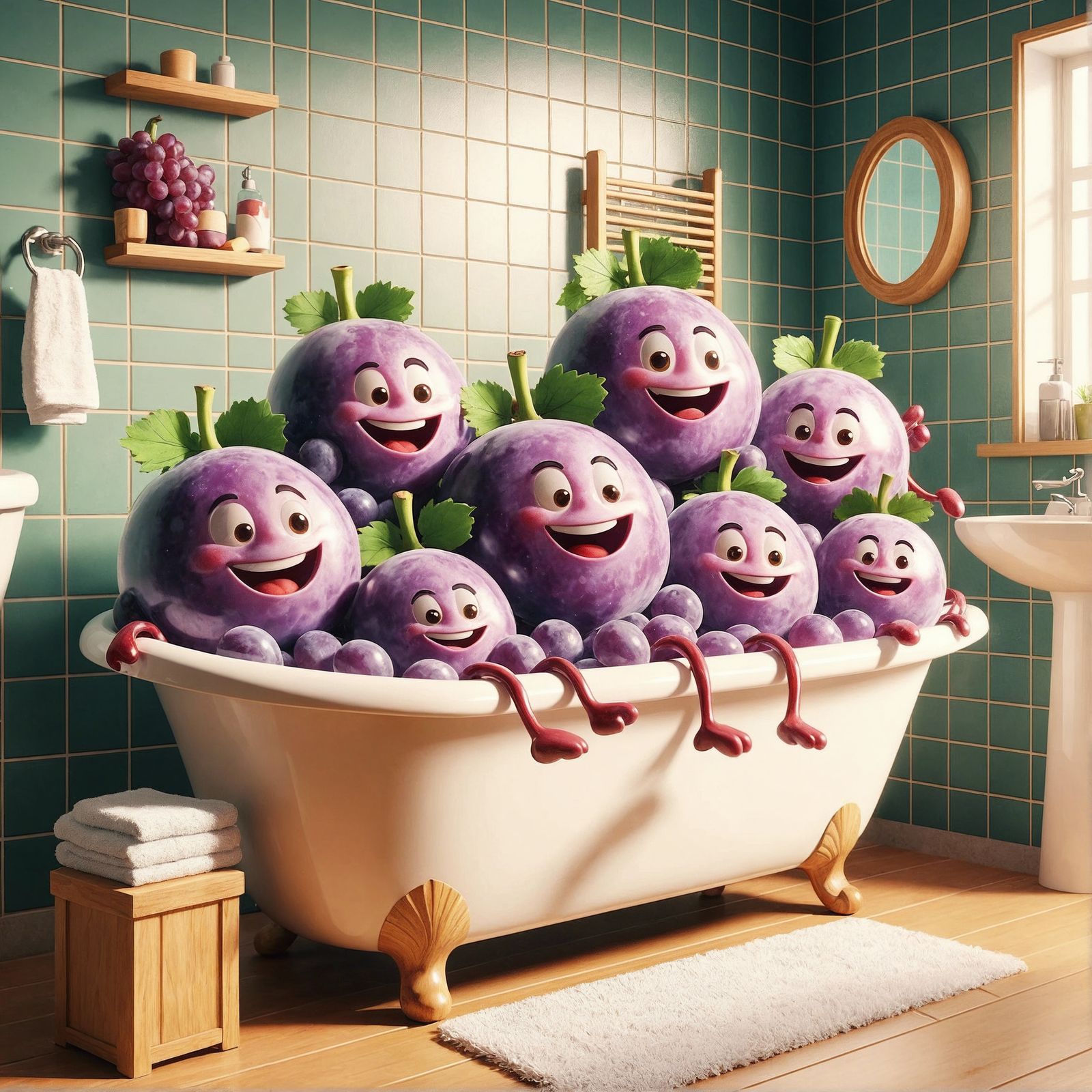 Relaxed Grapes in a Bathroom: CGI Cartoon