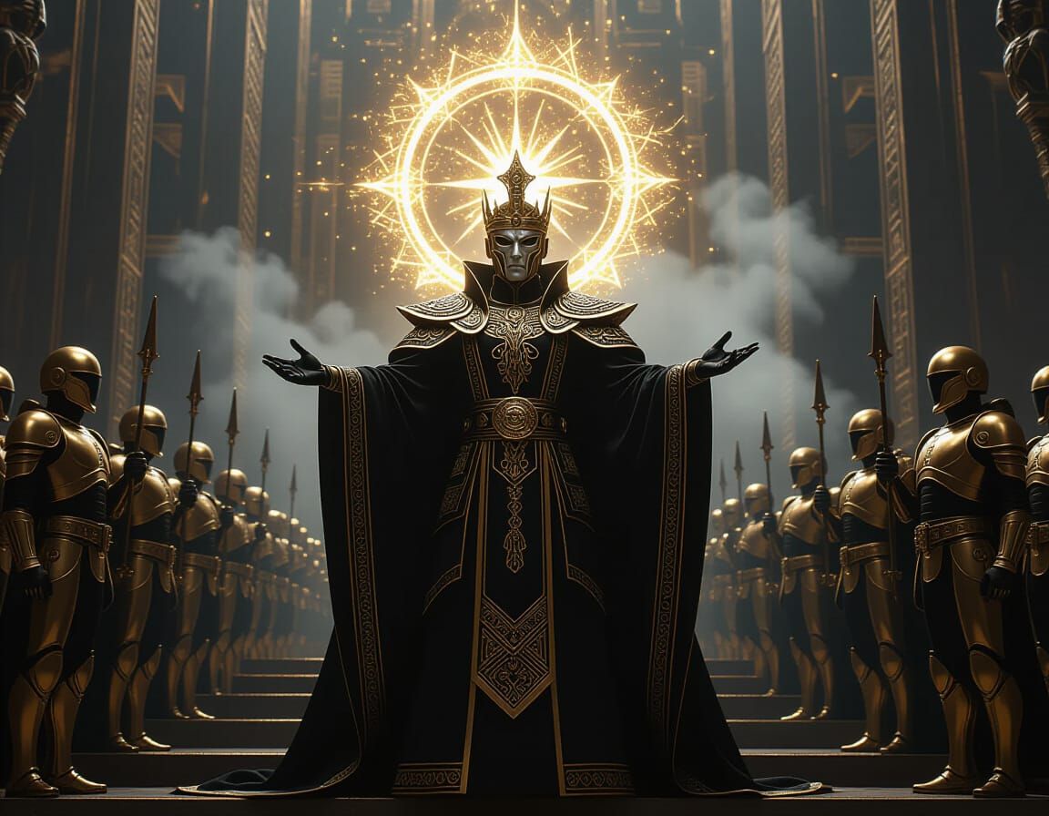 Dystopian Emperor with Futuristic Military in Syd Mead Style