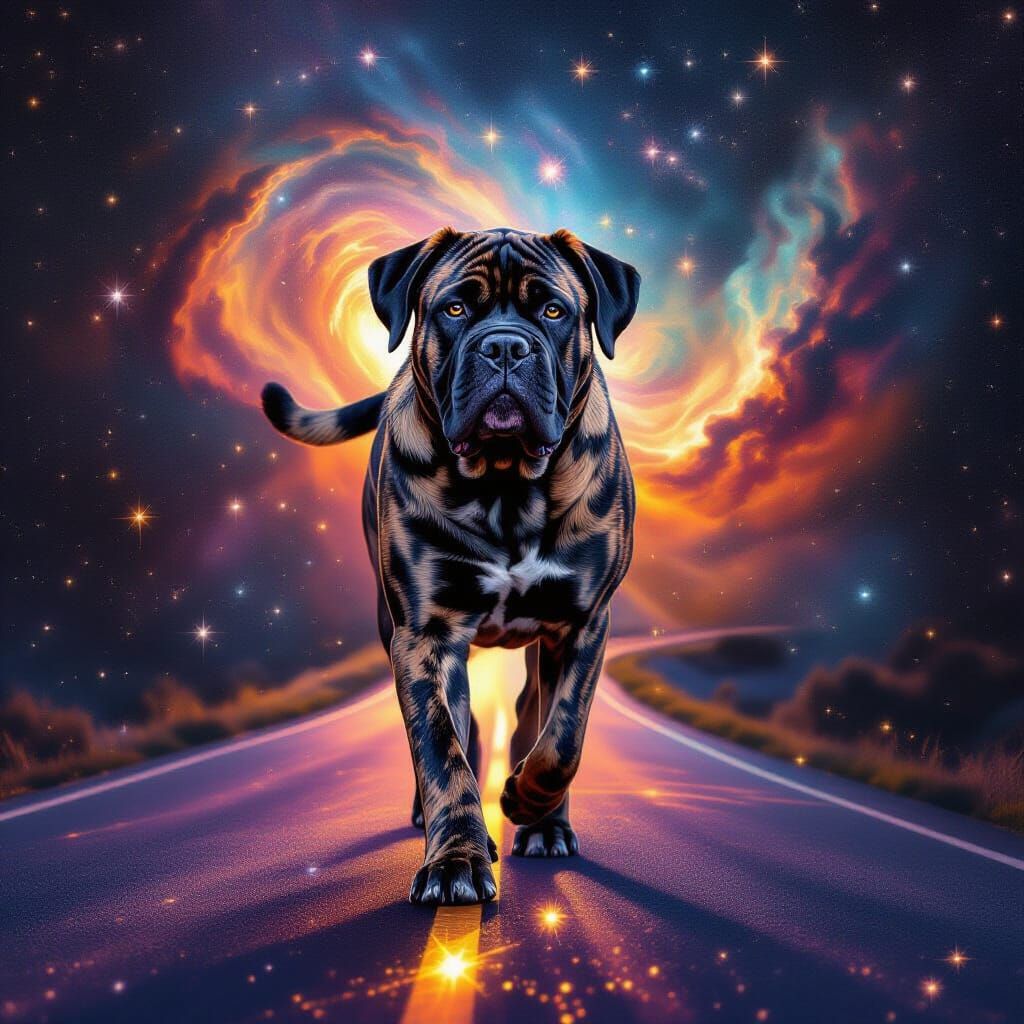 Cosmic Mastiff Walking Nebula Road