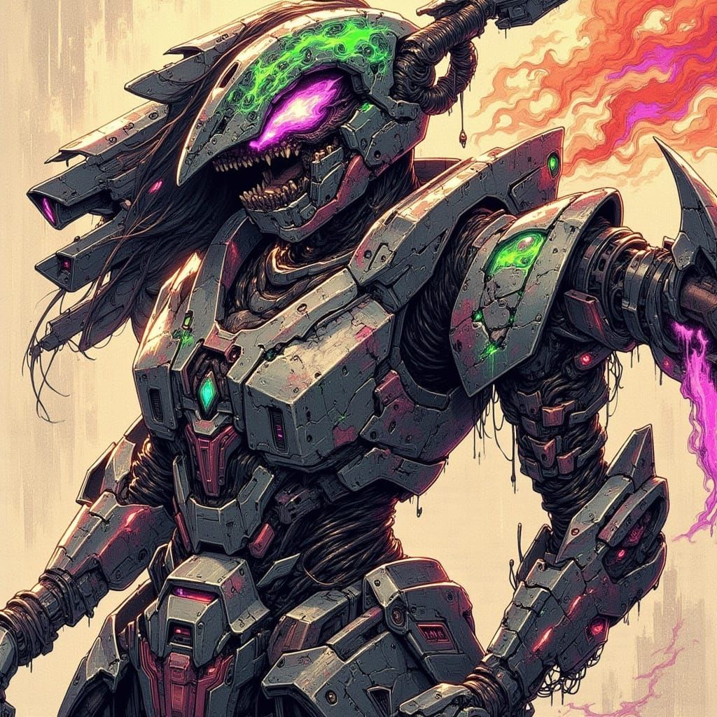 80s Anime Yandere Girl Warrior in Bio-Mecha