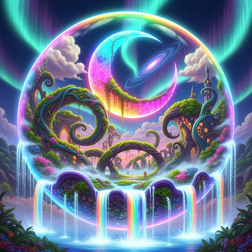 Iridescent Orb with Rainbow Waterfalls and Moonlit Landscape