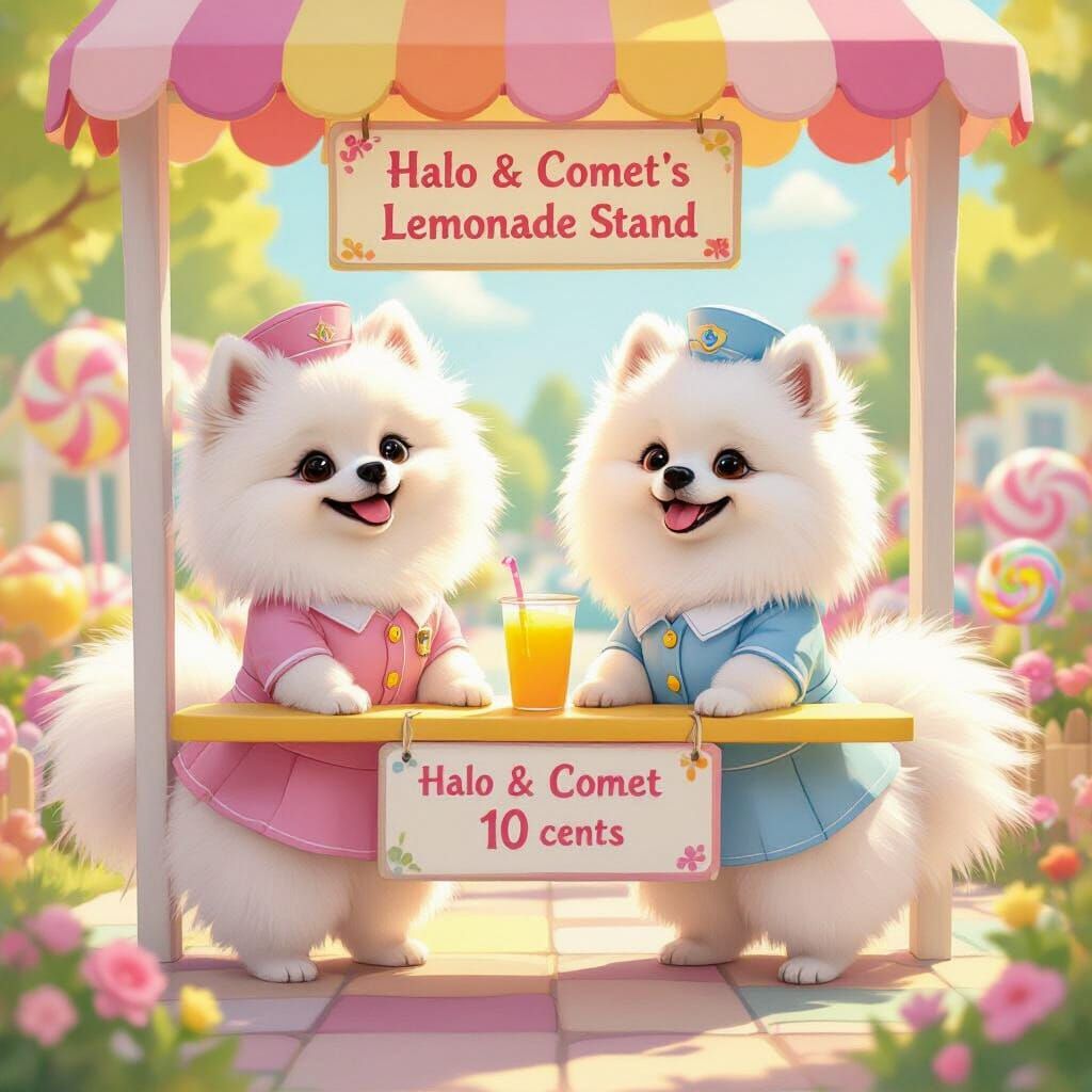 Pomeranians Run Candy Land Lemonade Stand in Storybook Style