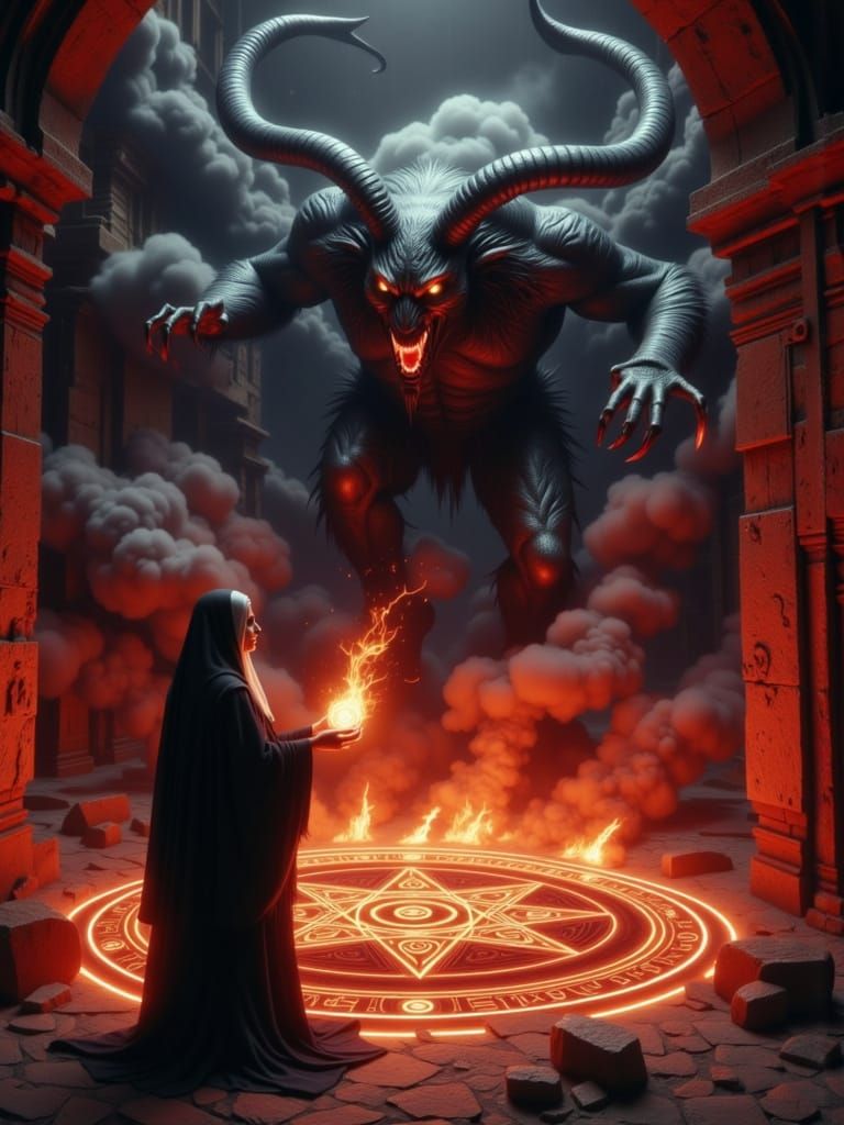 Demonic Nun Summons Fiery Demon in Gothic Seminary
