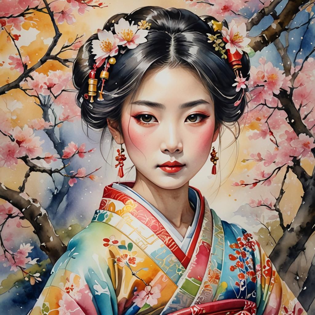 Japanese Princess Portrait in Watercolor Style