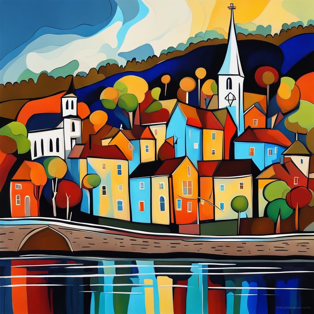 Abstract Riverside Town with Church in Complementary Colors
