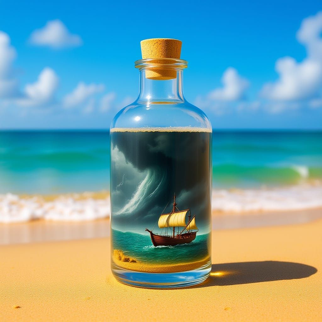 Miniature Sailboat Storm Trapped in Glass Bottle