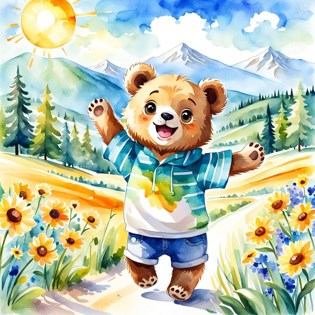Smiling Bear Cub Rejoices in Summer Landscape Watercolor