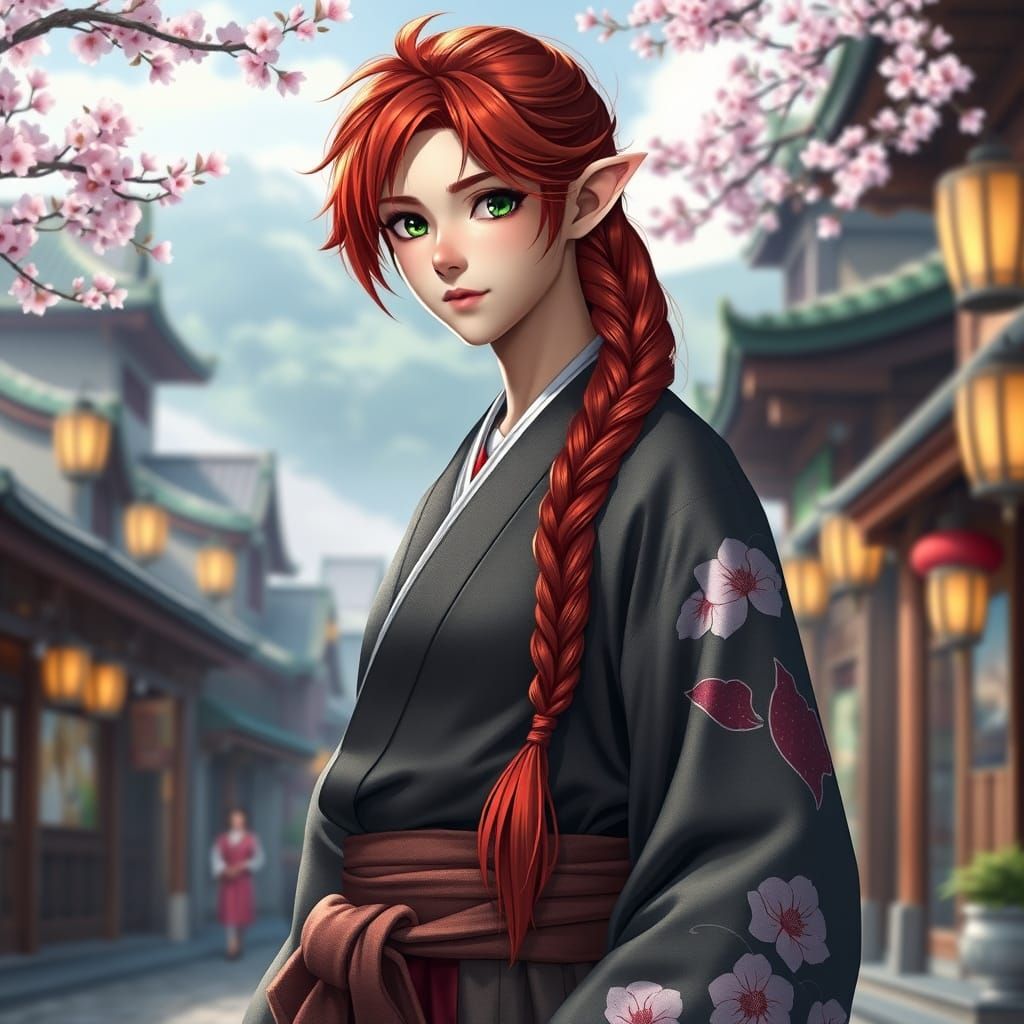 Fantasy Portrait of a Half-Elf Bard in a Japanese Town