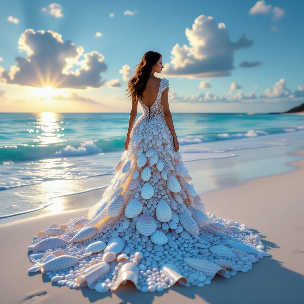 Woman in Seashell Dress on Shimmering Horizon