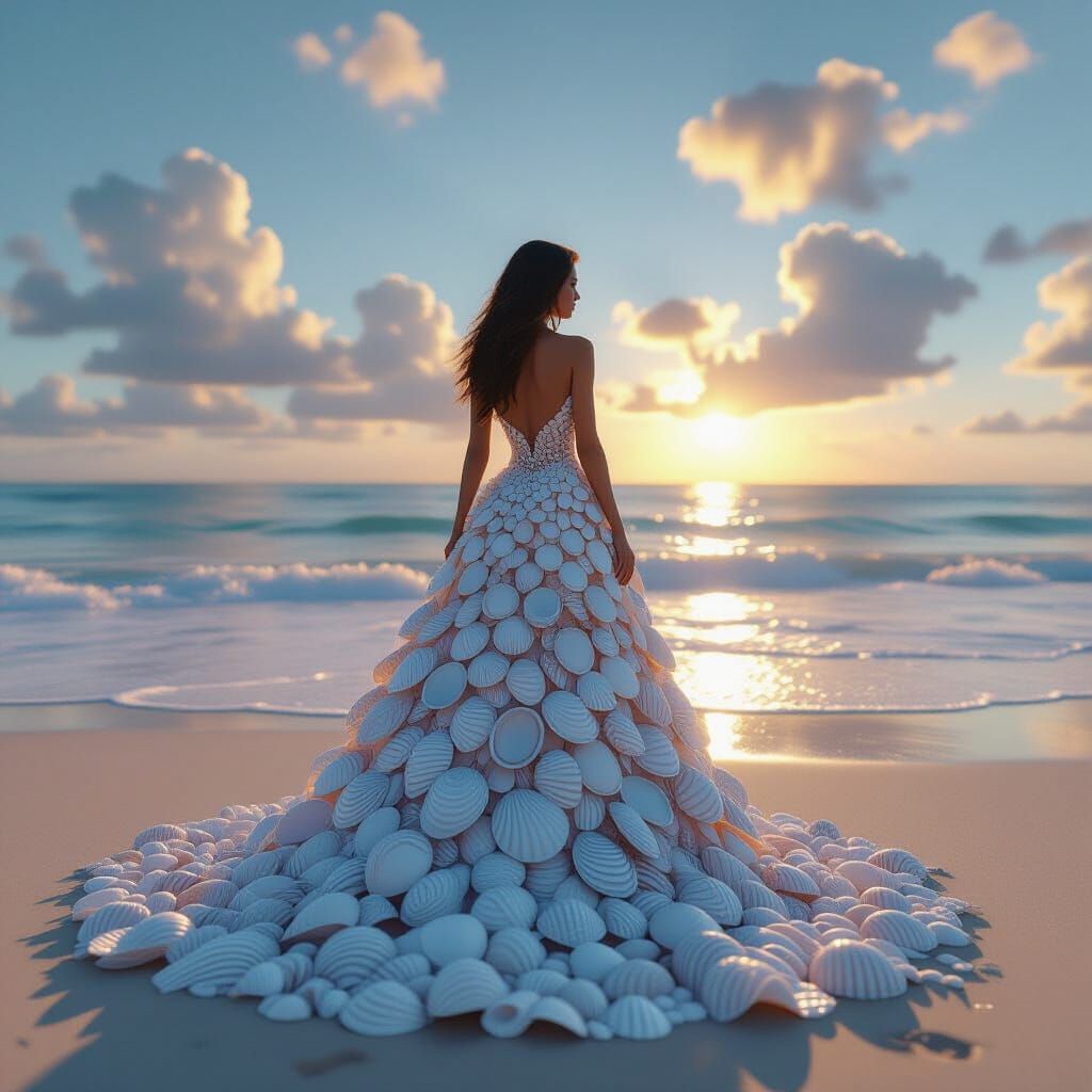 Woman in Seashell Dress on Beach, Fantastical Matte Painting