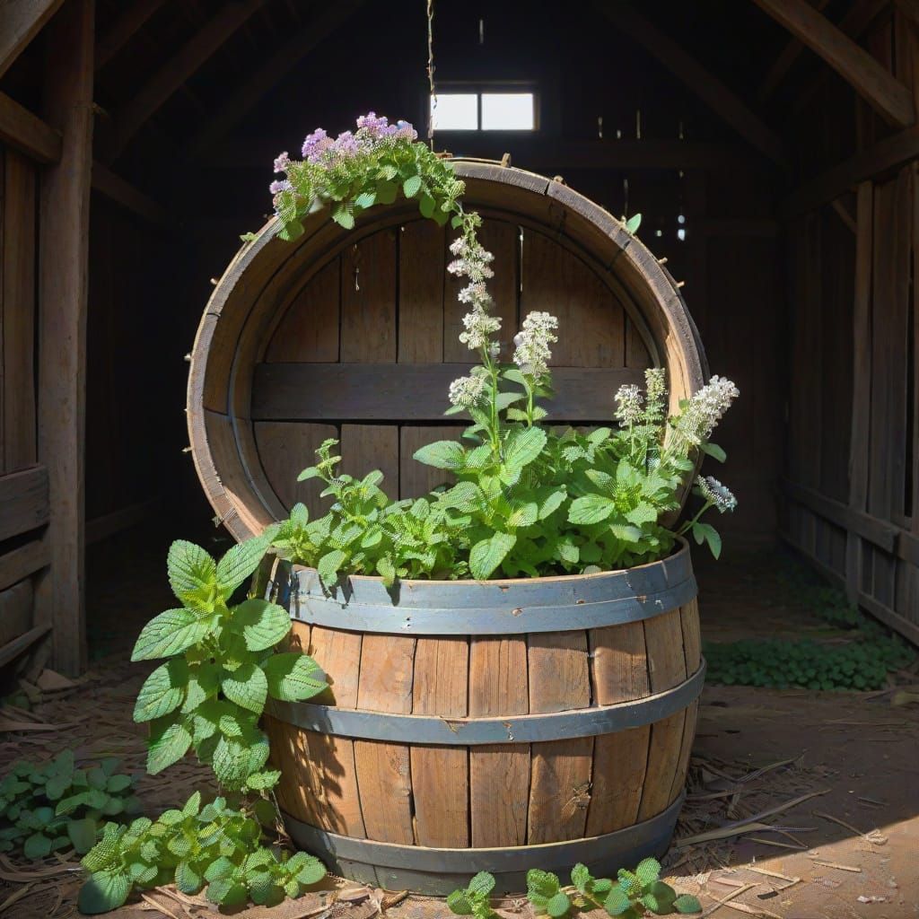 Flowering Plants and Mint in Rustic Wooden Barrel