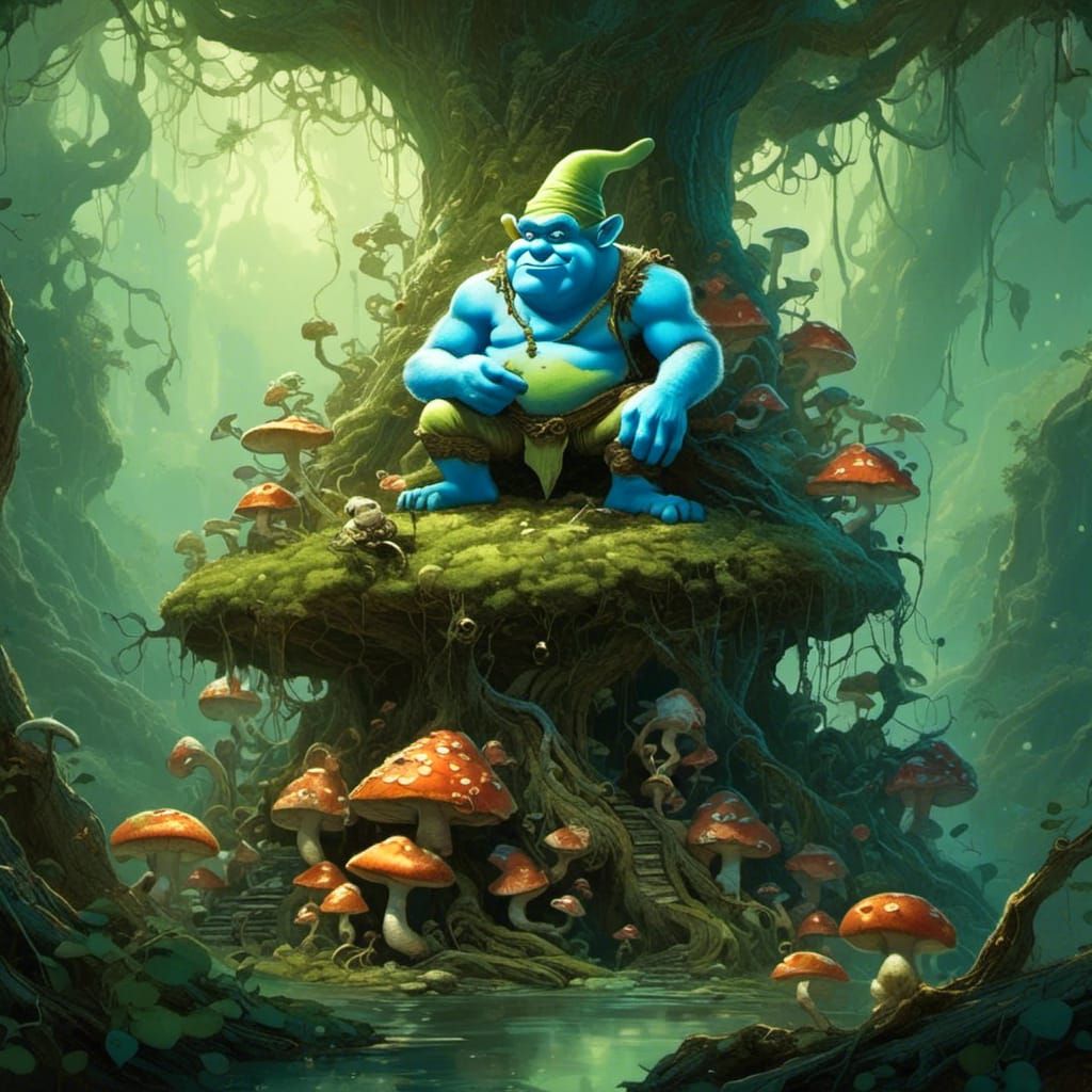 Green Shrek Smurf in Dark Fantasy Setting