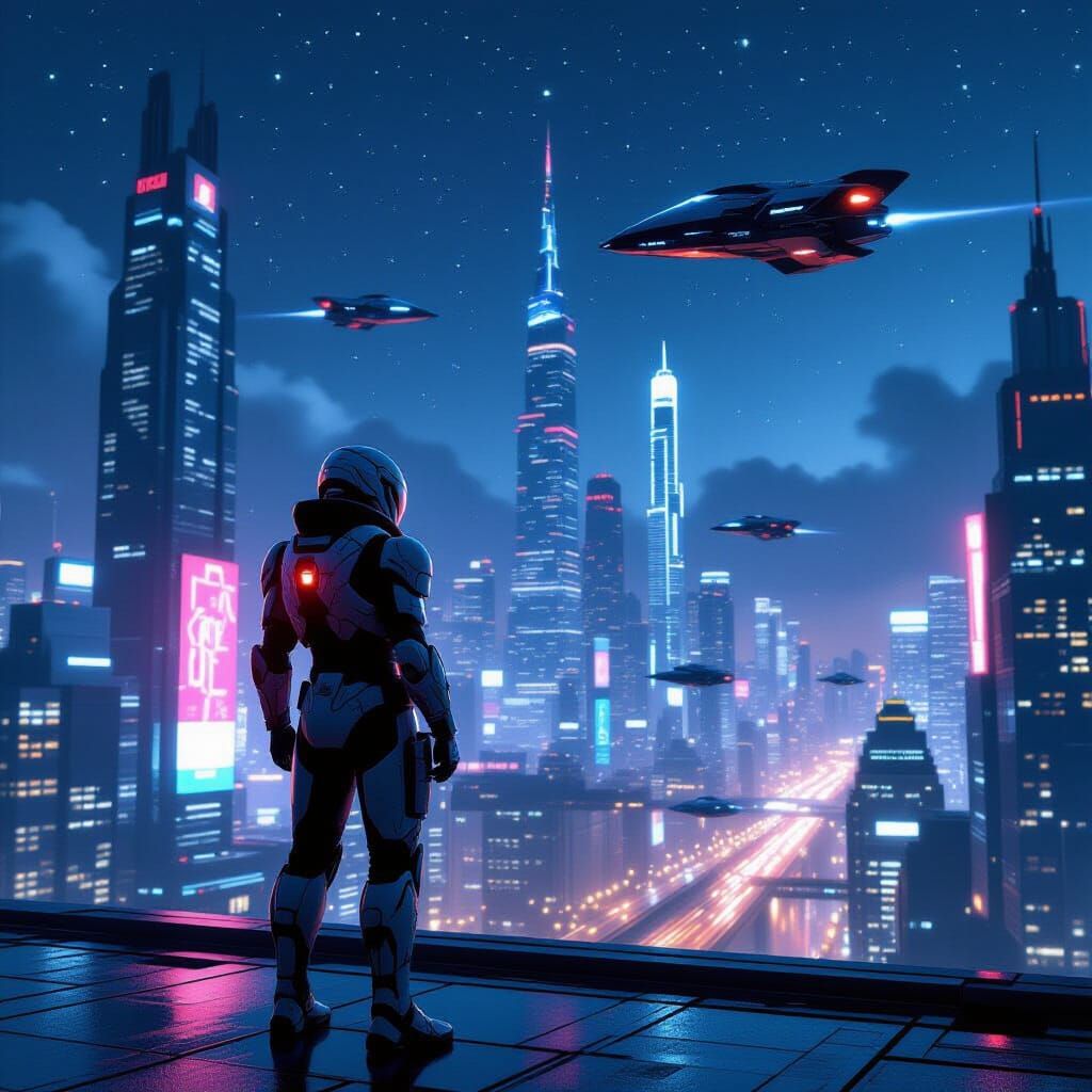 Futuristic Cityscape with Armored Figure, Cinematic Style