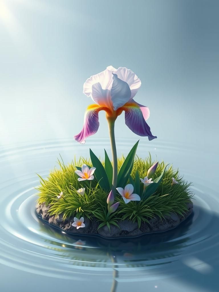 Lavender Iris on Emerald Island: Dreamlike Digital Art