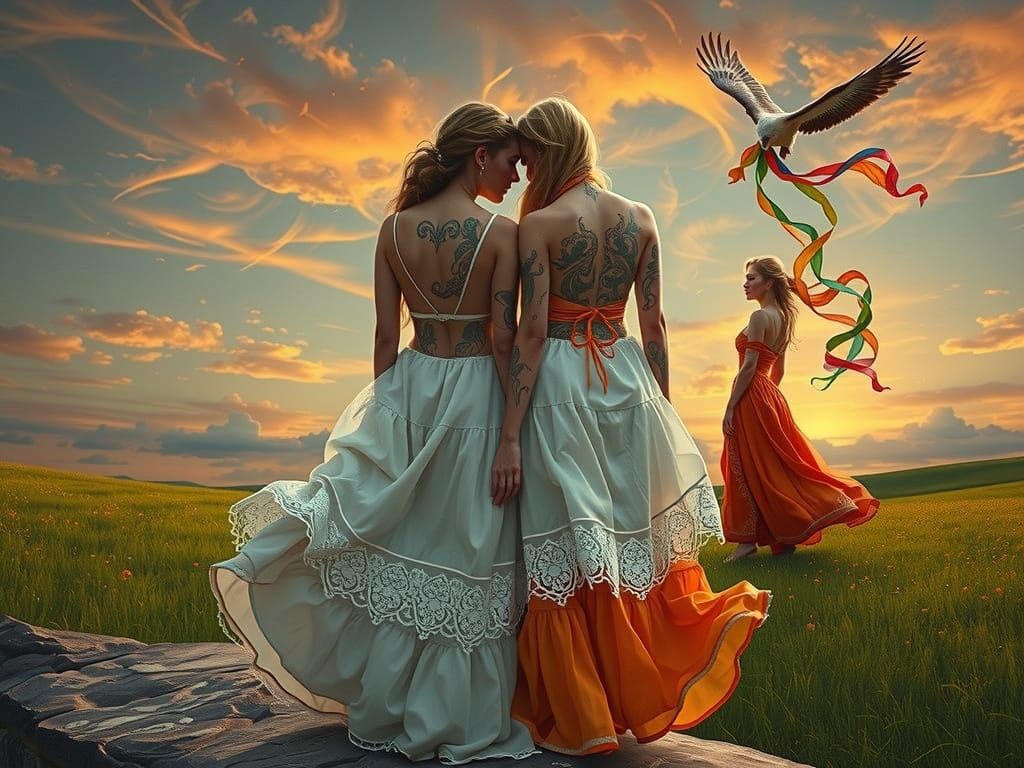 Figures with Tattoos in Ethereal Landscape