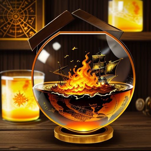 Vintage Treasure Map Globe Surrounded by Flames