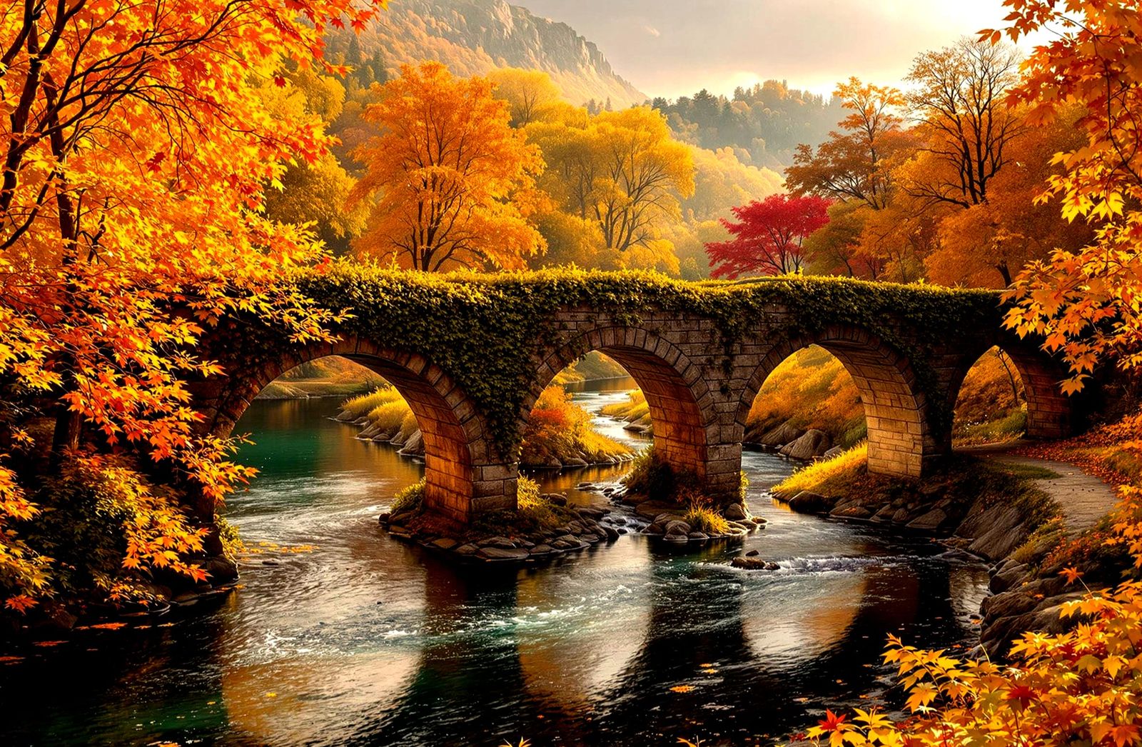 New England Autumn Panorama with Crumbling Bridge