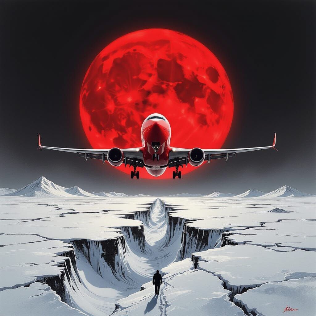 Giant Red Aeroplane Over Monochrome Arctic Landscape
