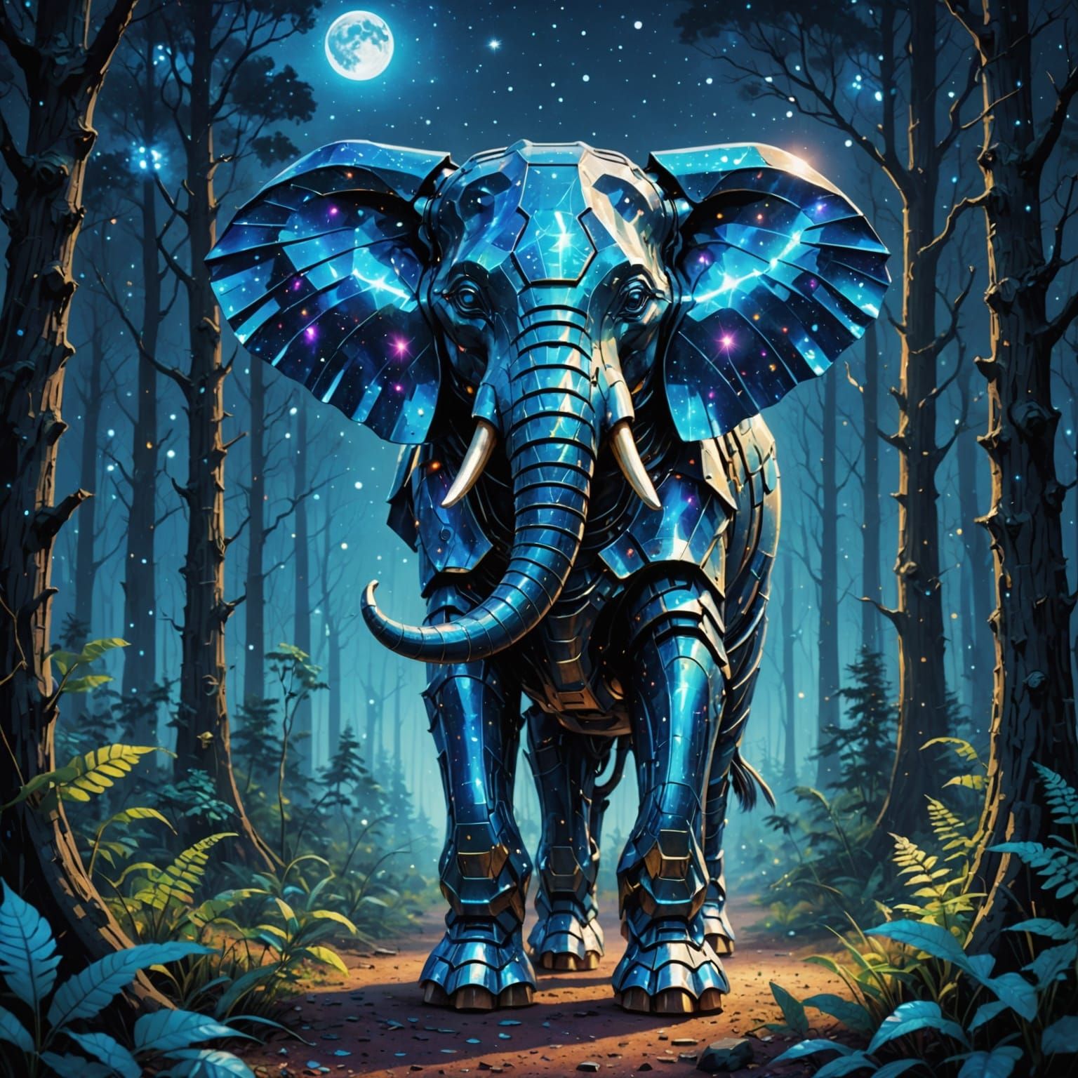 Cosmic Metal Elephant Illuminated by Full Moon