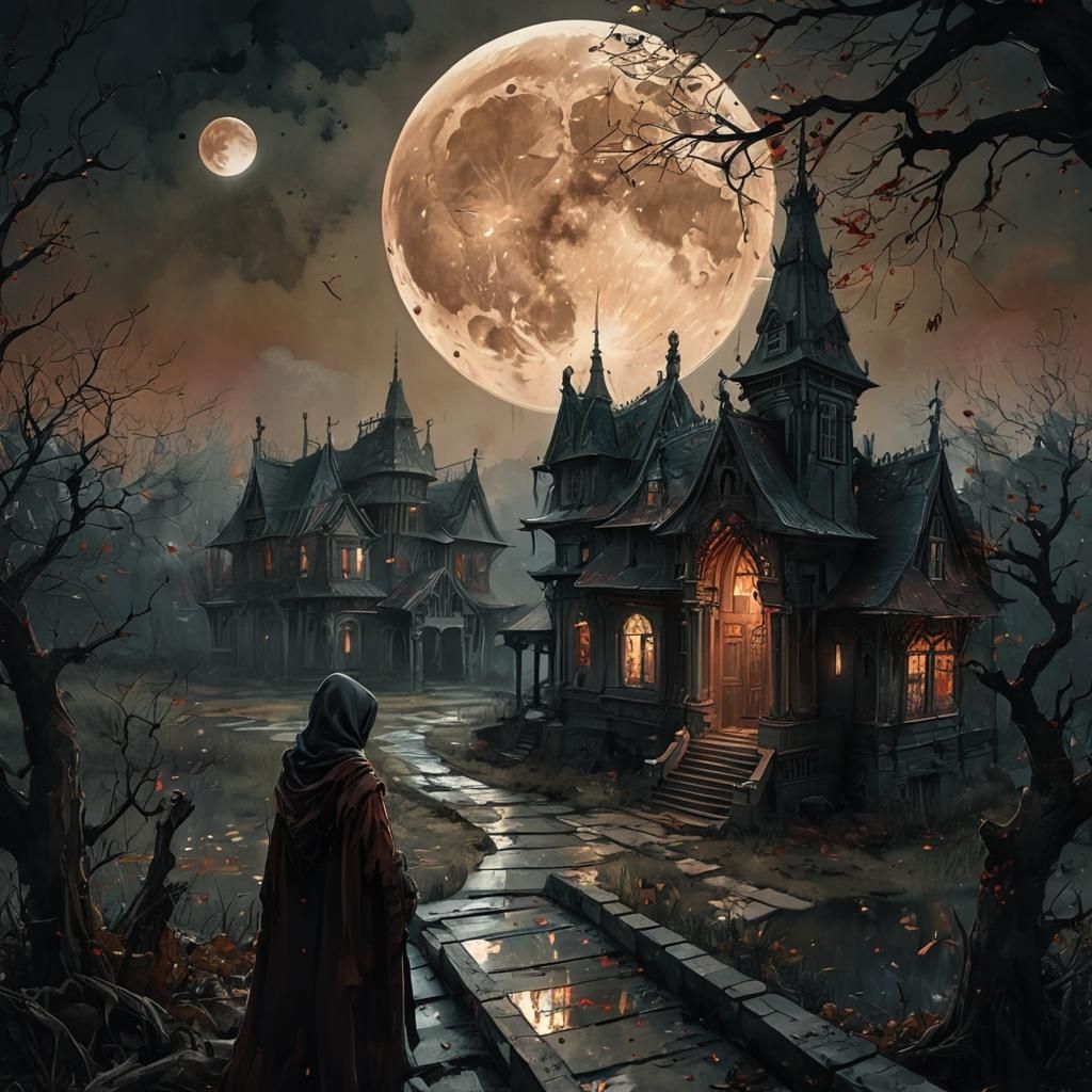 Haunted House at Sunset in Watercolor Style