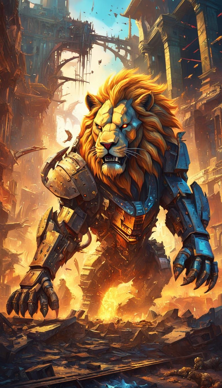 Epic Cyberpunk Battle: Mechanical Lion vs. Cybernetic Rhino