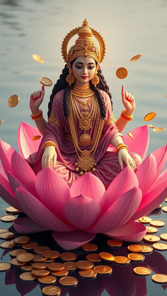Goddess Lakshmi on Lotus in 3D Rendered Style
