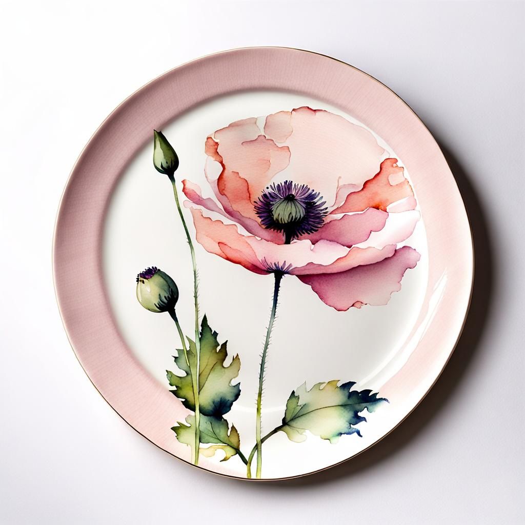Pale Pink Poppy Watercolour Design on Plate