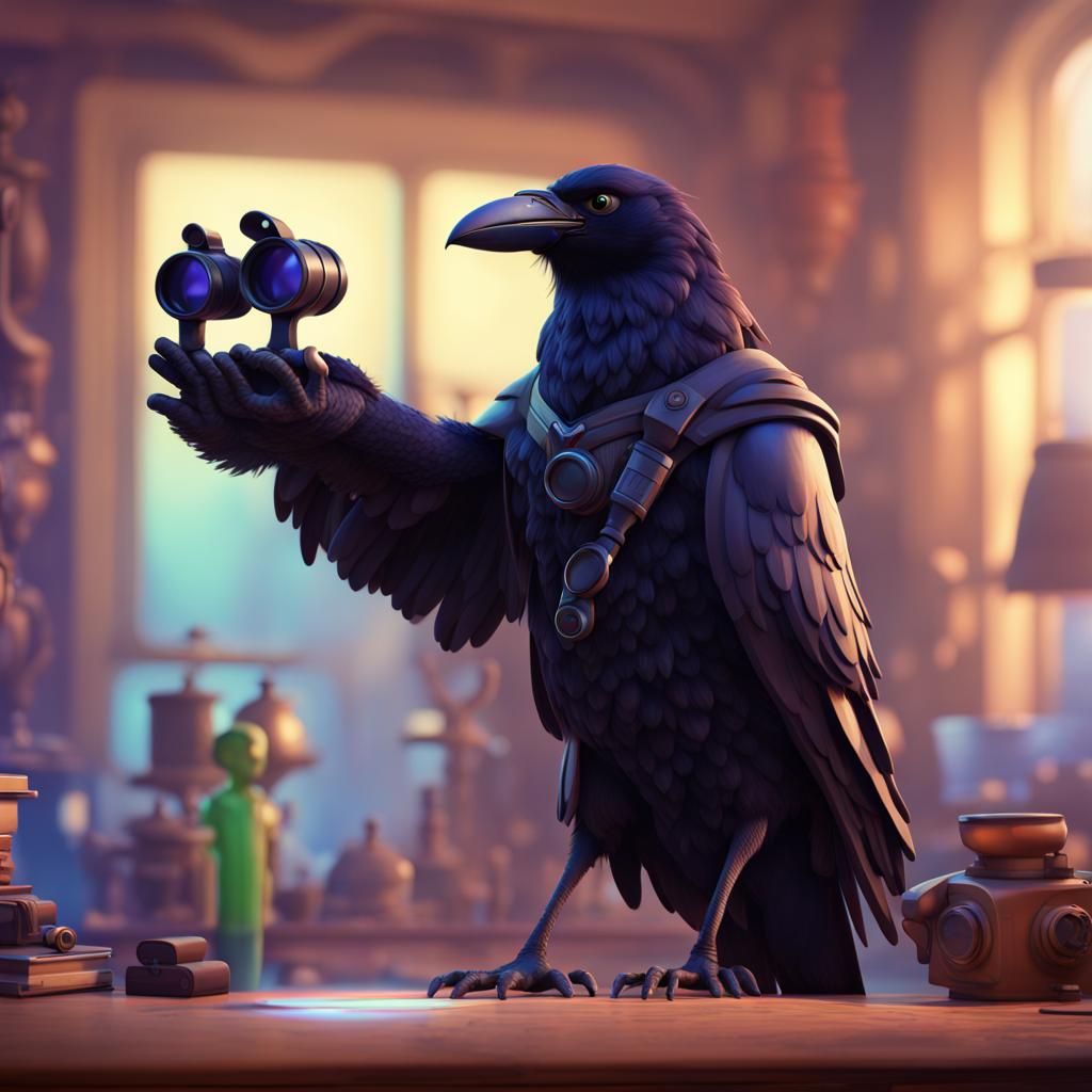 Raven Watching Humans with Binoculars: 3D Digital Art
