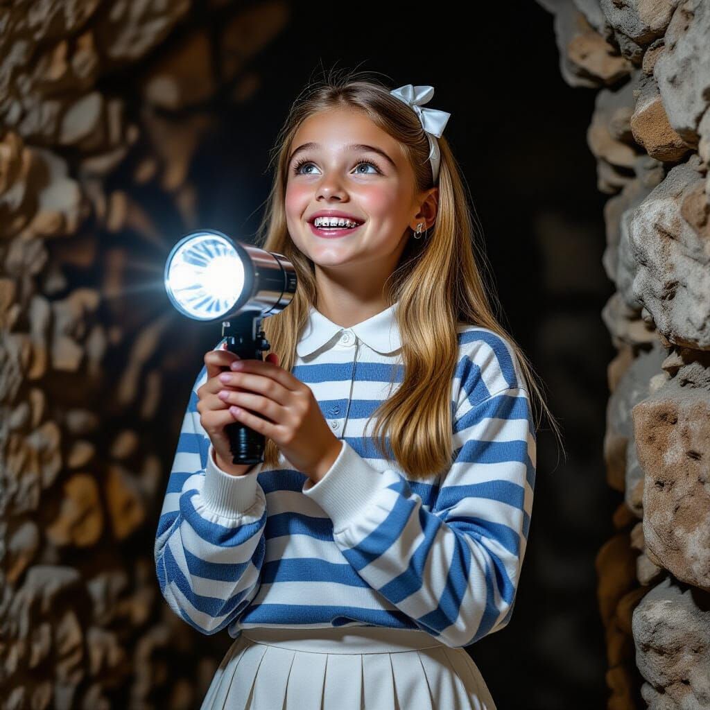 Girl in Stone Room with Flashlight: Photorealistic Style