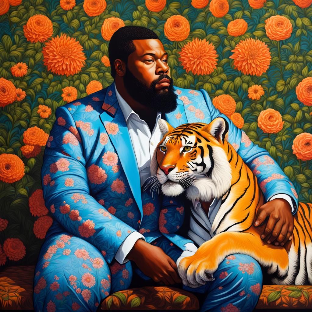 Bearded Man Petting Tiger: Maximalist Portrait