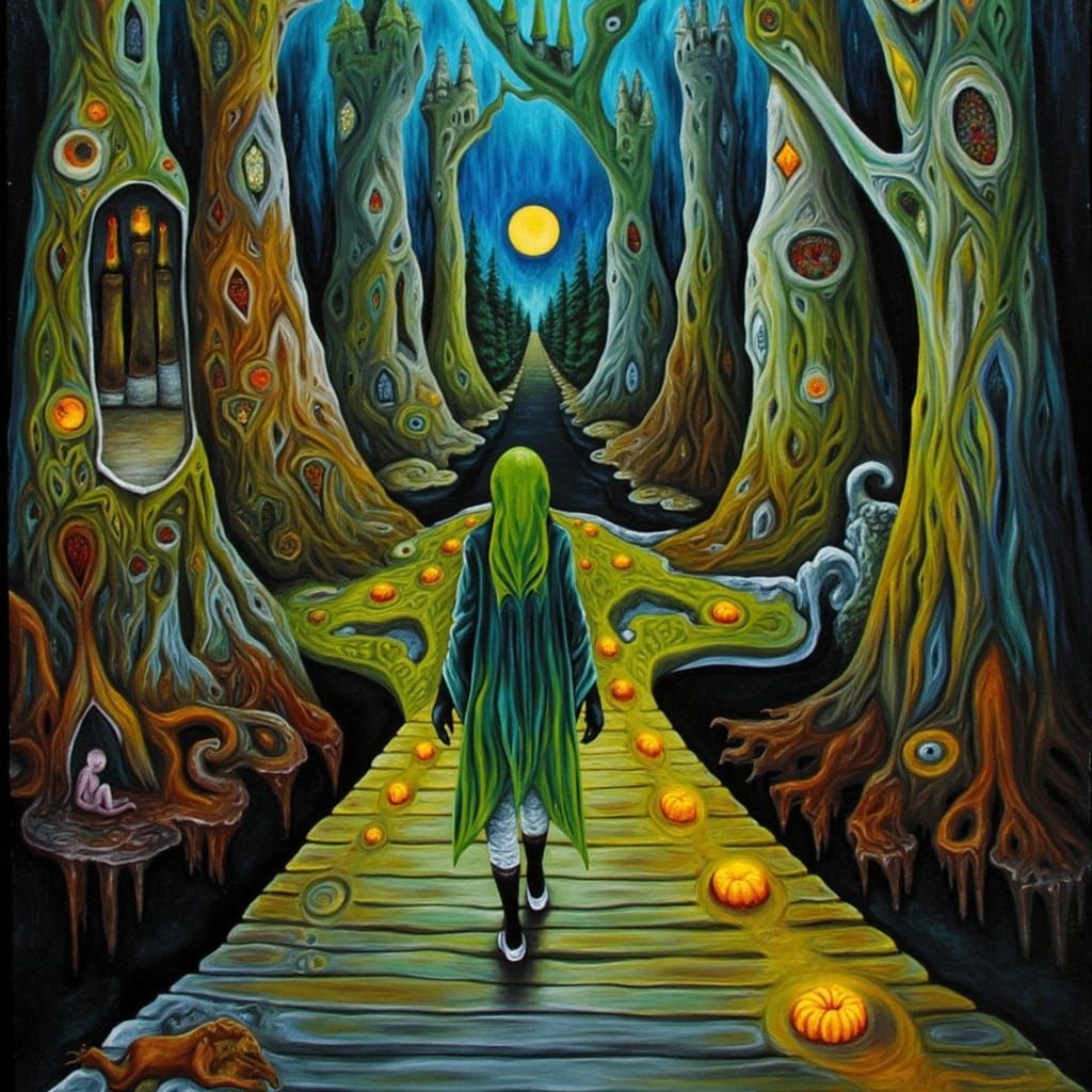 Ethereal Hooded Figure Walks Across Lantern-Lit Bridge in th...