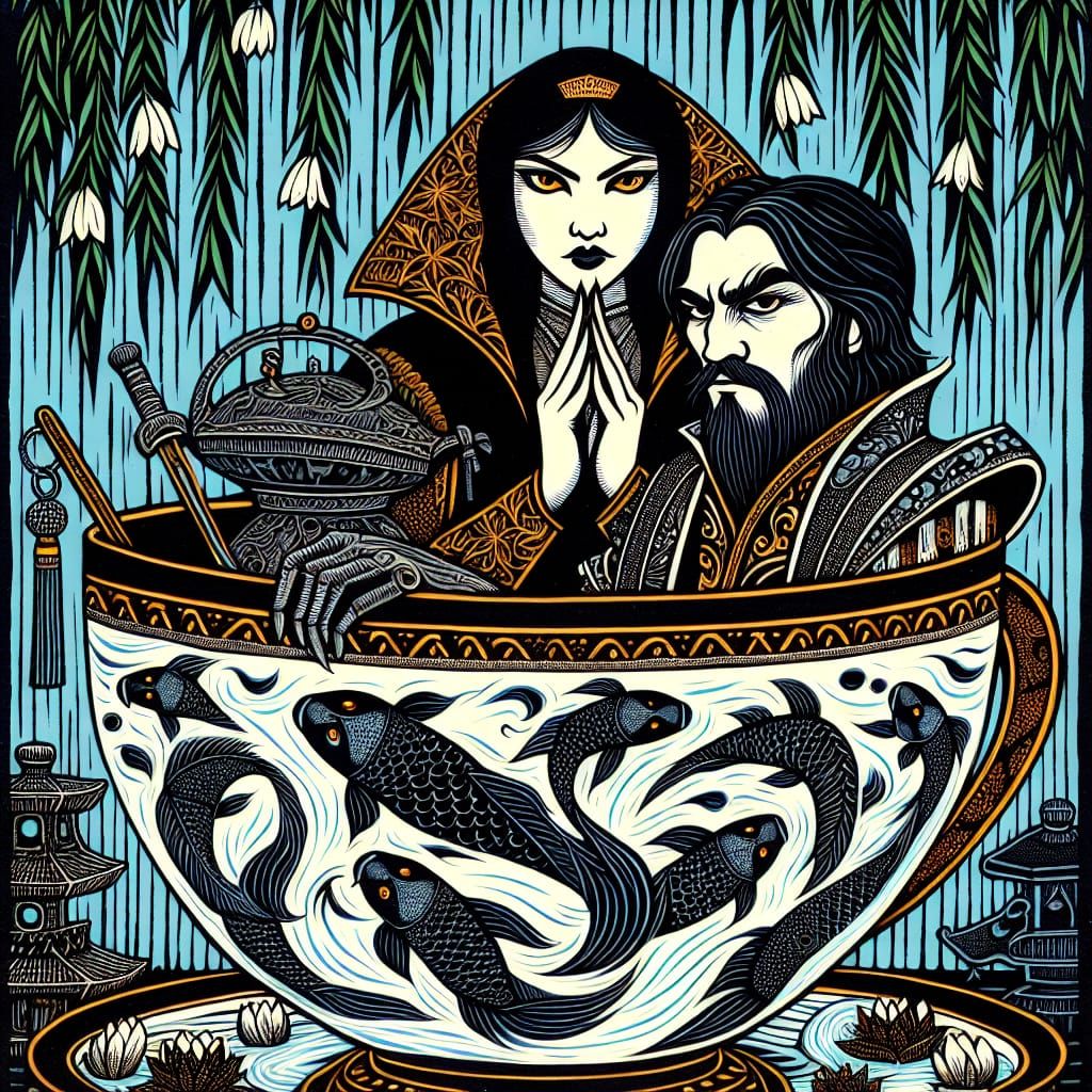 Intricate Linocut: Princess and Prince Plotting in Teacup