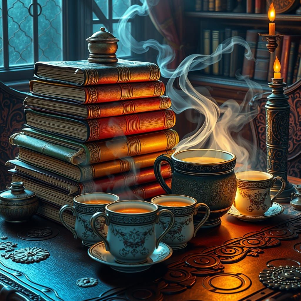 Whimsical Spellbooks and Potions on Ornate Table