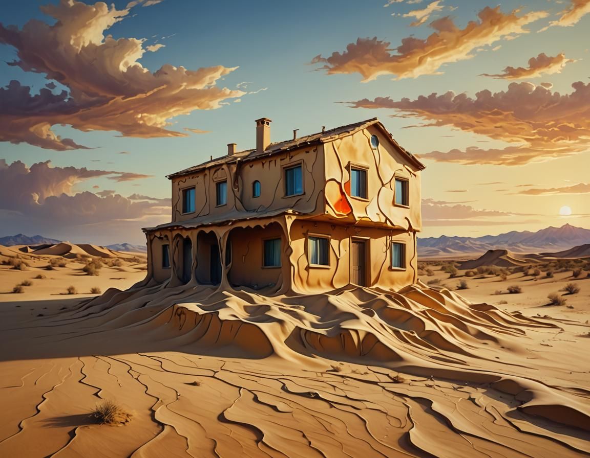 Surreal Desert House Melting Facade, Oil Painting