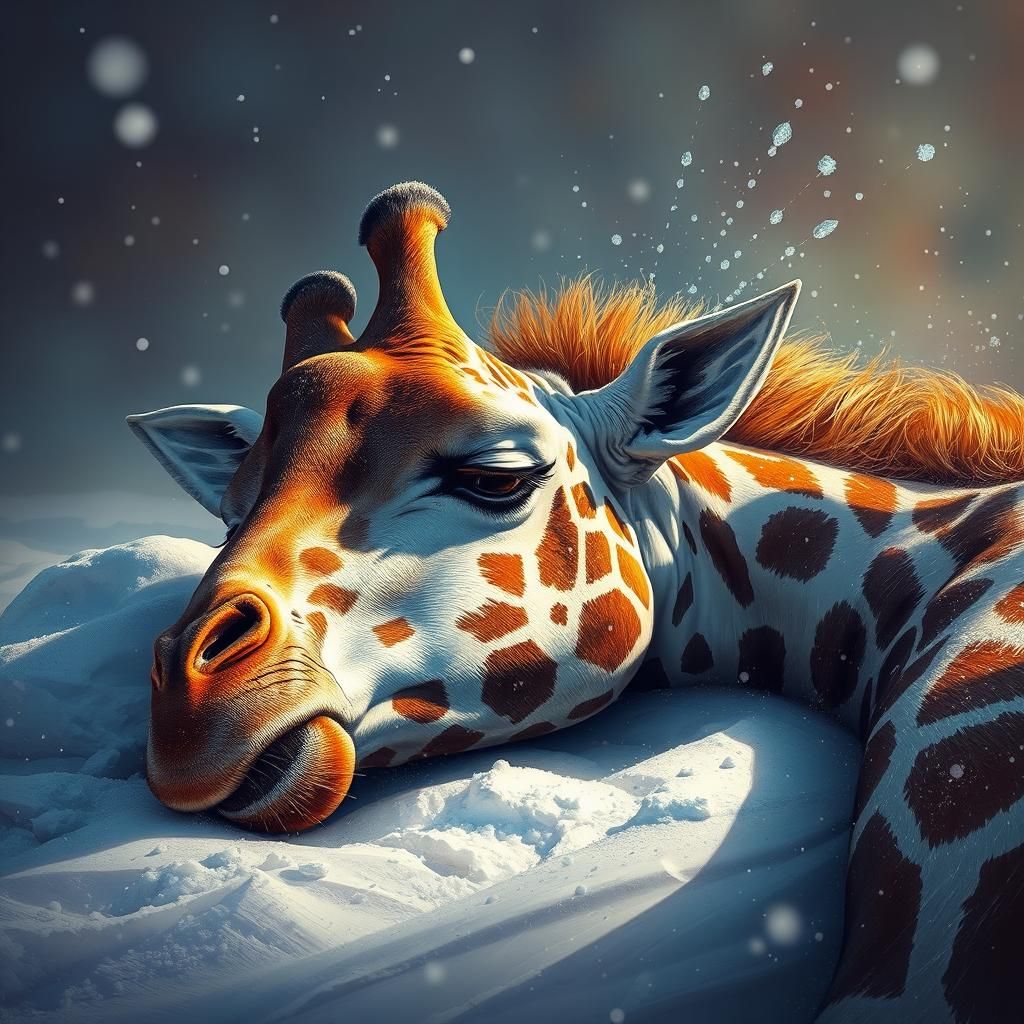 Giraffe Sleeping in Snow: Hyperrealistic Splash Art