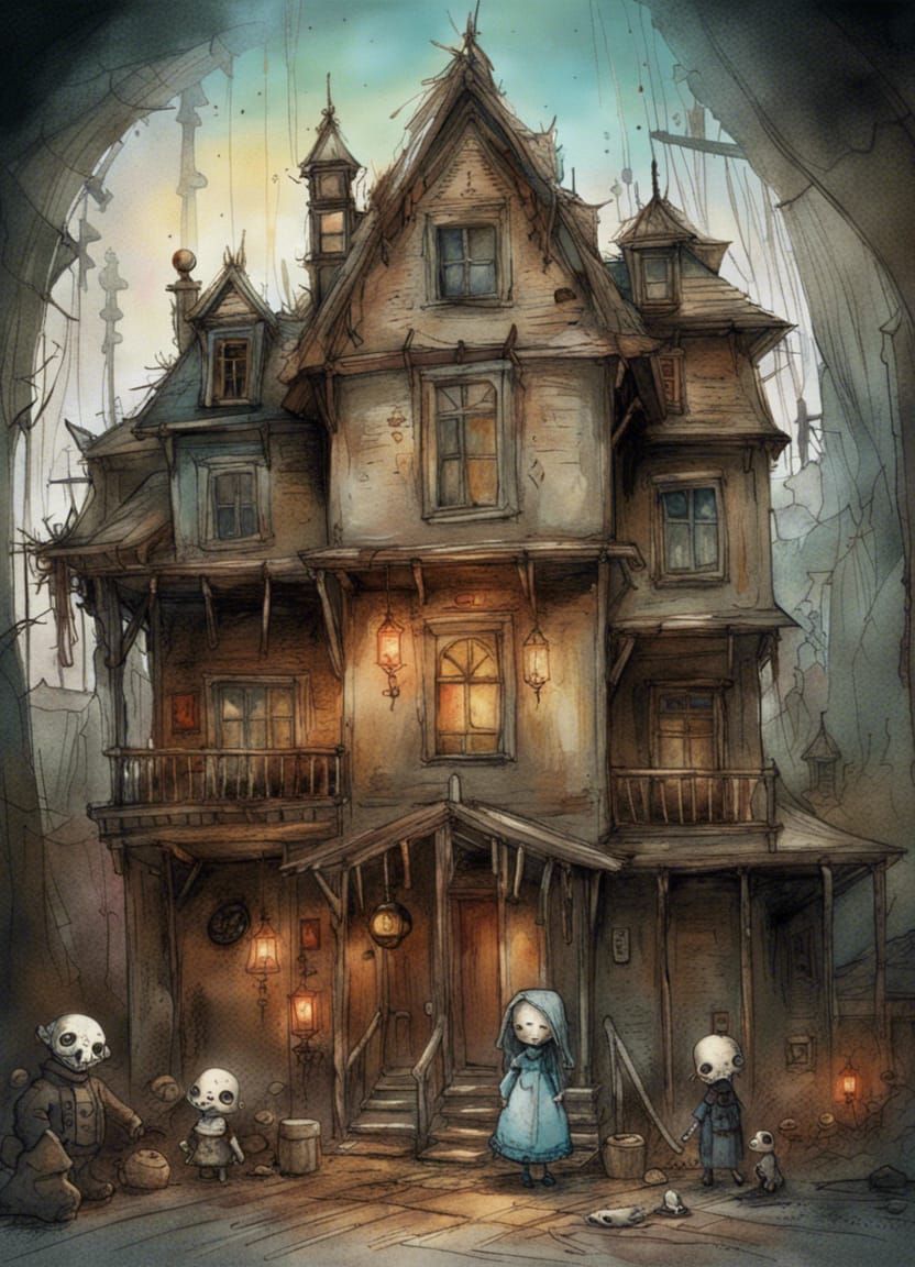 Haunted Dollhouse Museum in Crayon Caricature Style