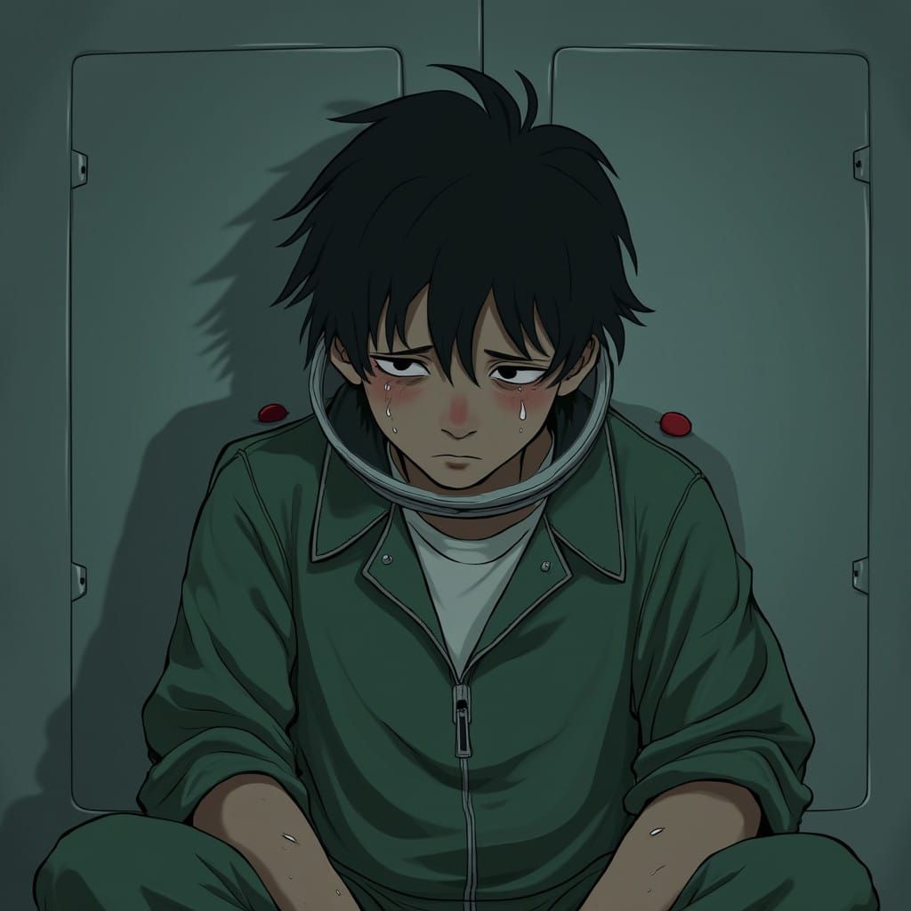 Sage Green Astronaut Overwhelmed by Sorrow