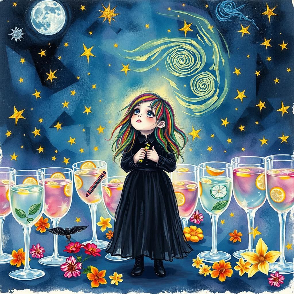 Goth Child in Cosmic Lemonade City, Dreamlike Art