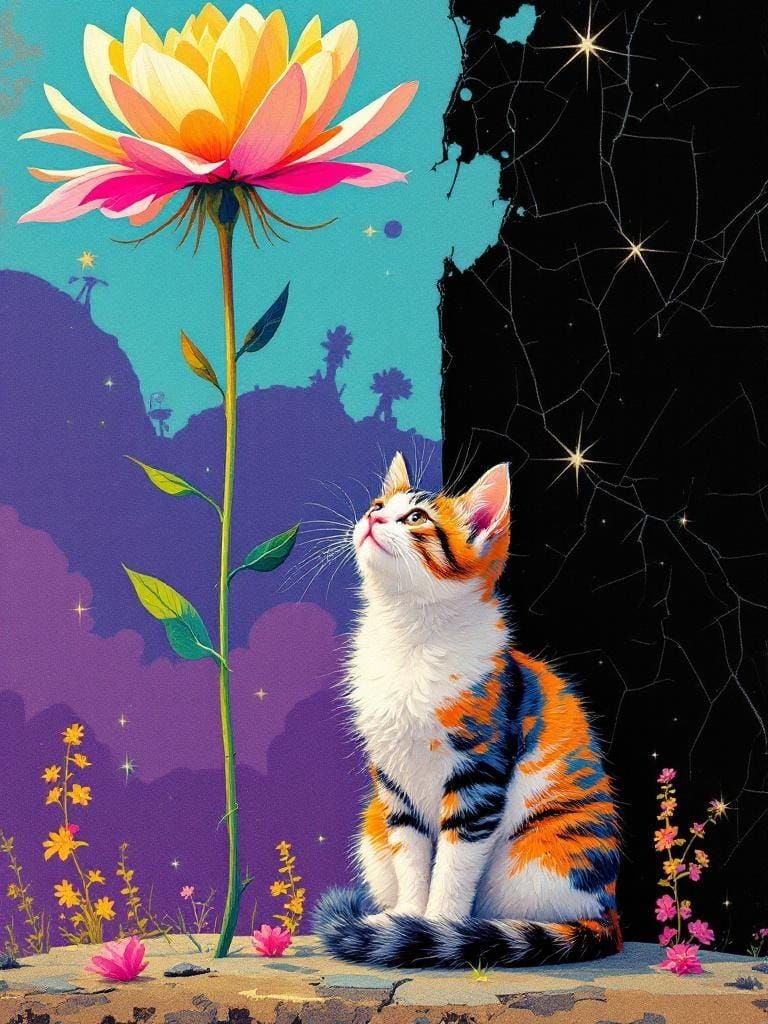 Cat Under Flower in Rockwell-Dalí Surreal Style