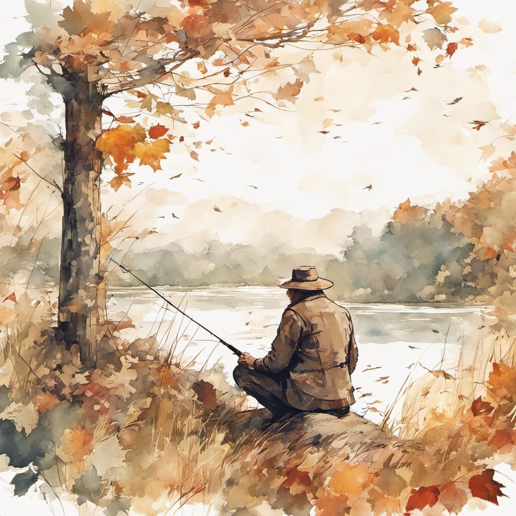Da Vinci Sketch: Lone Fisherman Amidst Autumn Leaves