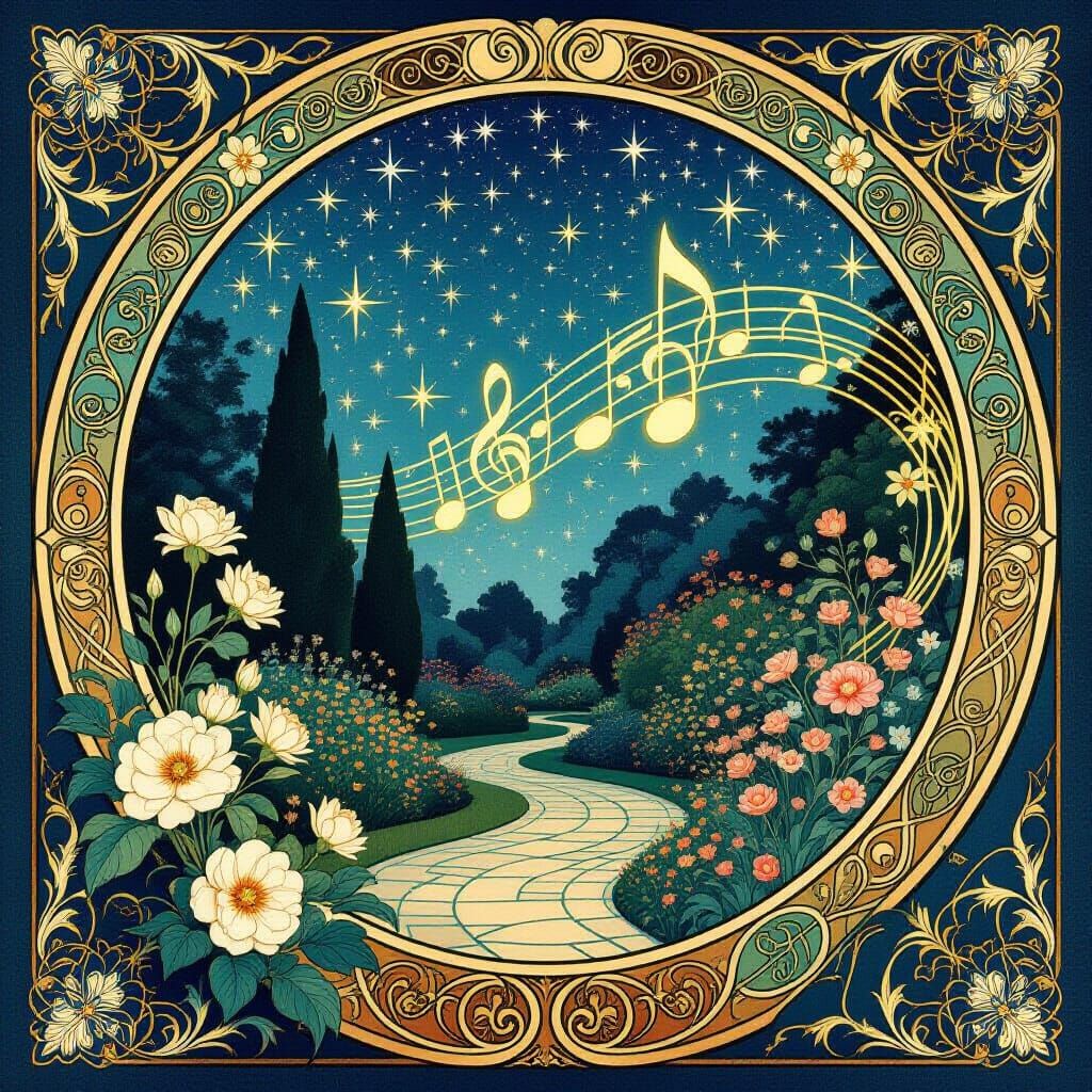 Art Nouveau Garden at Twilight with Celestial Music Note