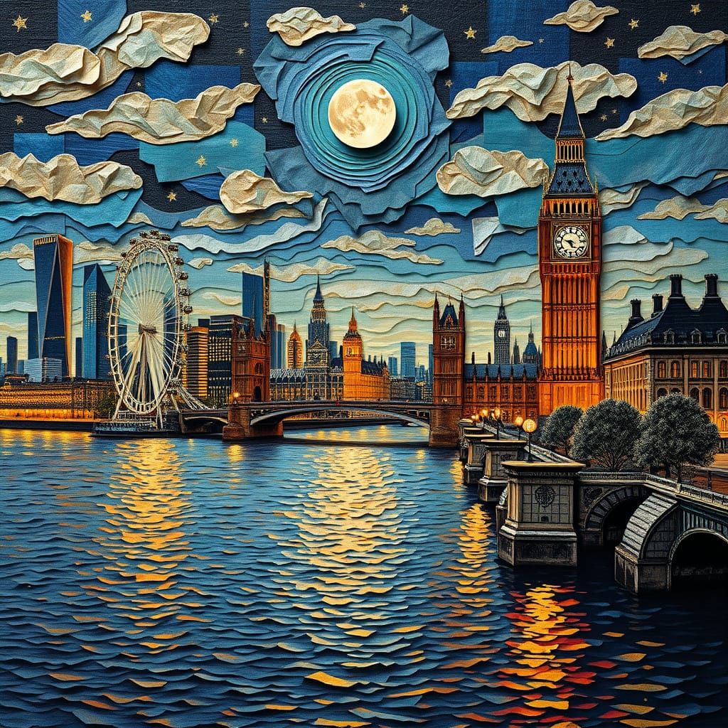 London Night Skyline in Vibrant, Textured Palette Knife Art