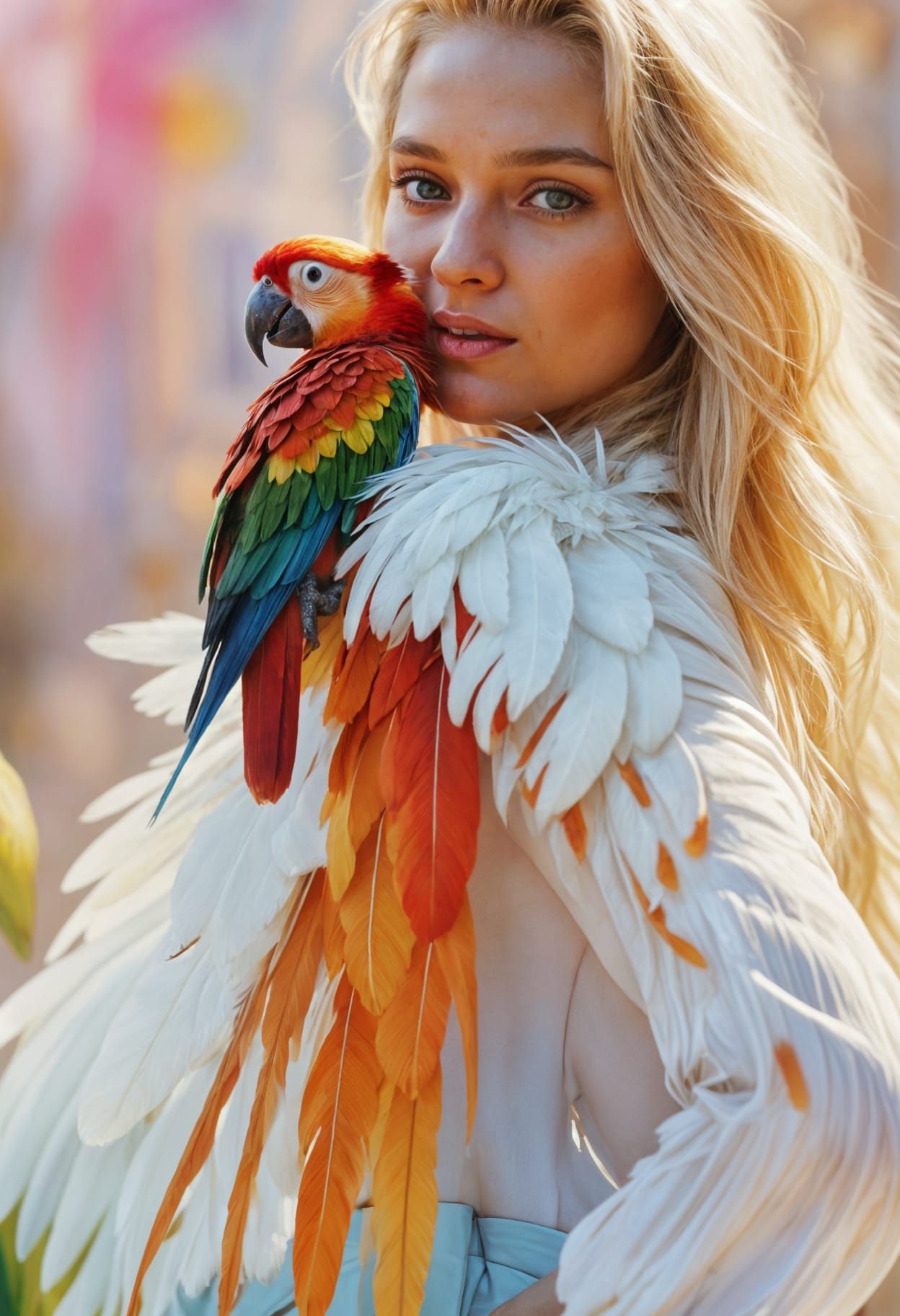 Beautiful blonde and a parrot. 

💛🤍💛 
🦜