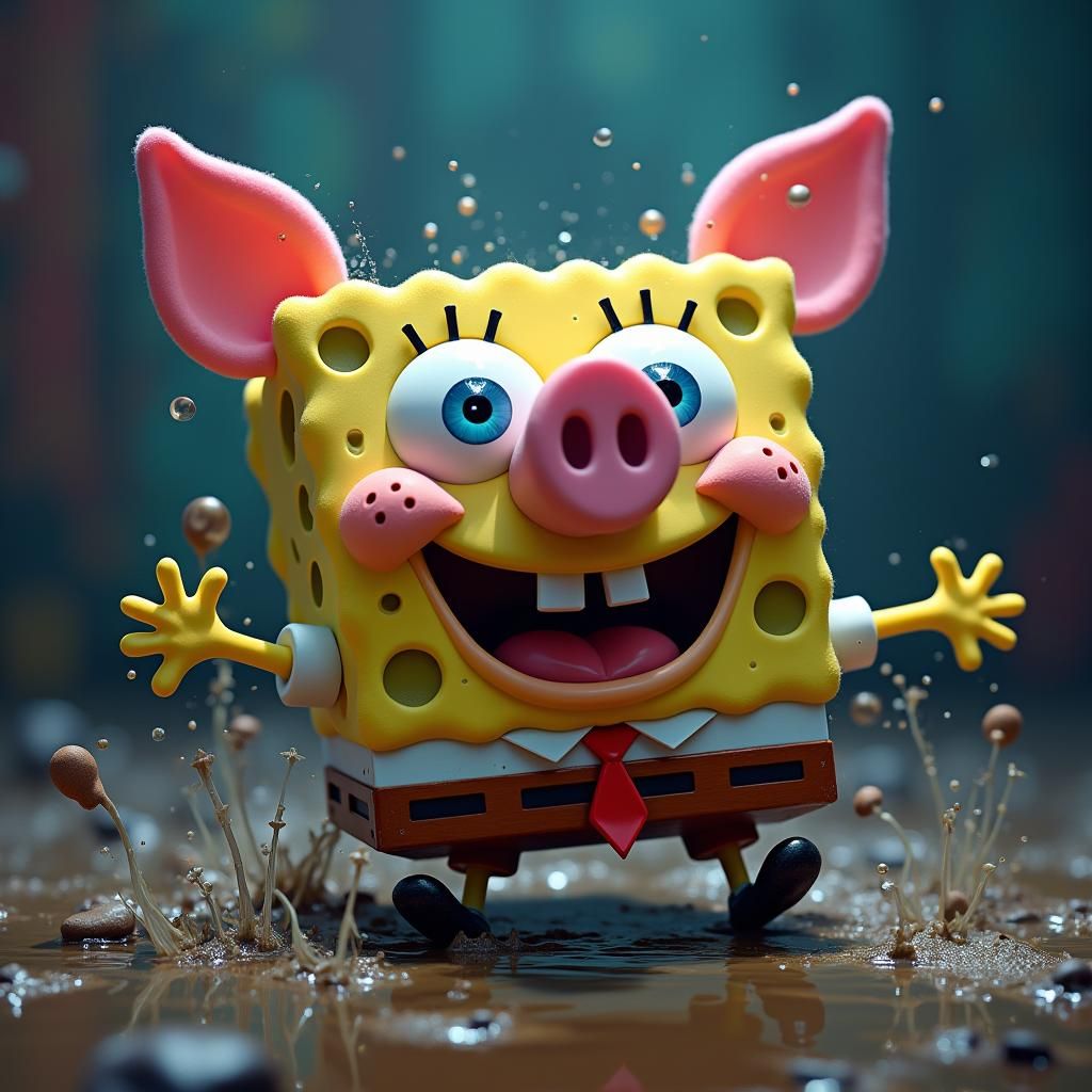 SpongeBob and Peppa Pig Fusion in Futuristic Realism